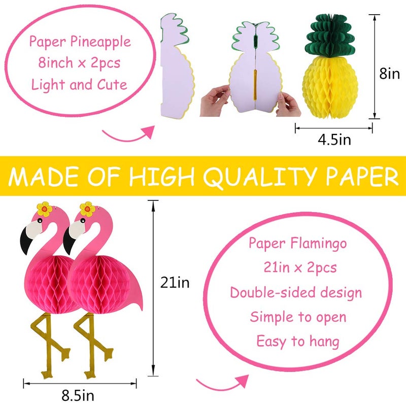 YUNXUAN Flamingo Party Supplies, Hawaiian Party Decorations Flamingo and Pineapple Honeycomb Ball Paper Lanterns Paper Fans Pom poms Flowers for Birthday Luau Tropical Bachelorette Party - Image 4
